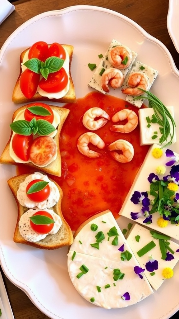 A stylish platter with stacked bruschetta, shrimp cocktails on sauce, and a cheese platter with herbs and flowers.